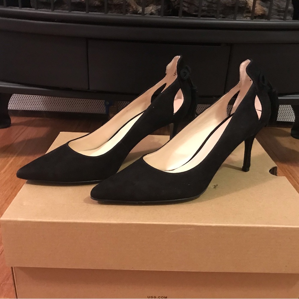 Black Leather Upper Suede High Heels. Excellent Condition. Never Worn.